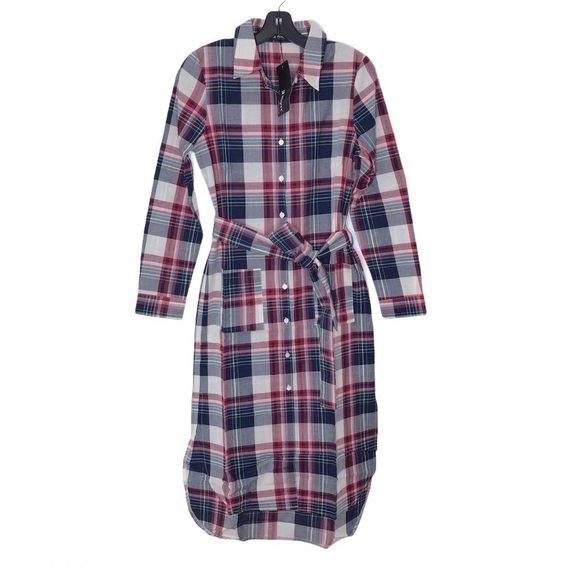 ALLEGRA K PLAID MIDI BELTED SHIRT DRESS 100% Cotton XSMALL NEW - Picture 12 of 14